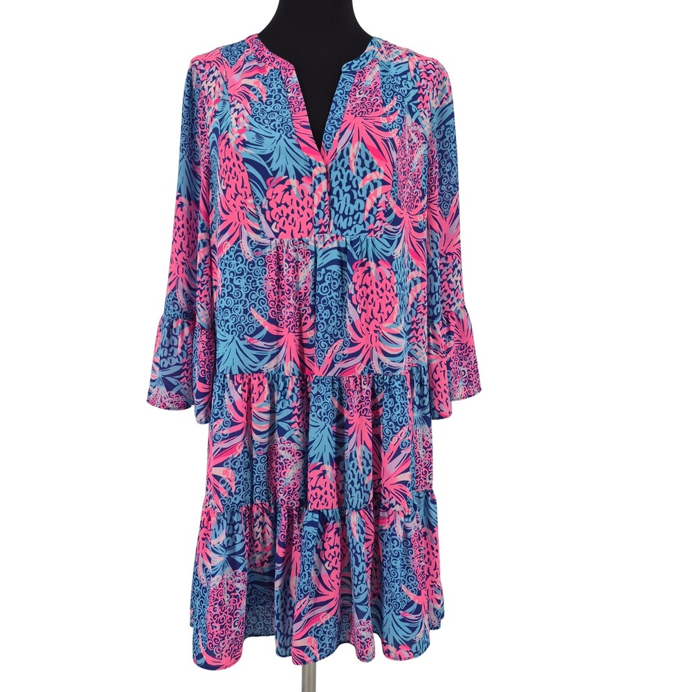 Lilly Pulitzer Pink Blue Pineapple Tiered Dress Split Neck Bell Sleeve Size 8
